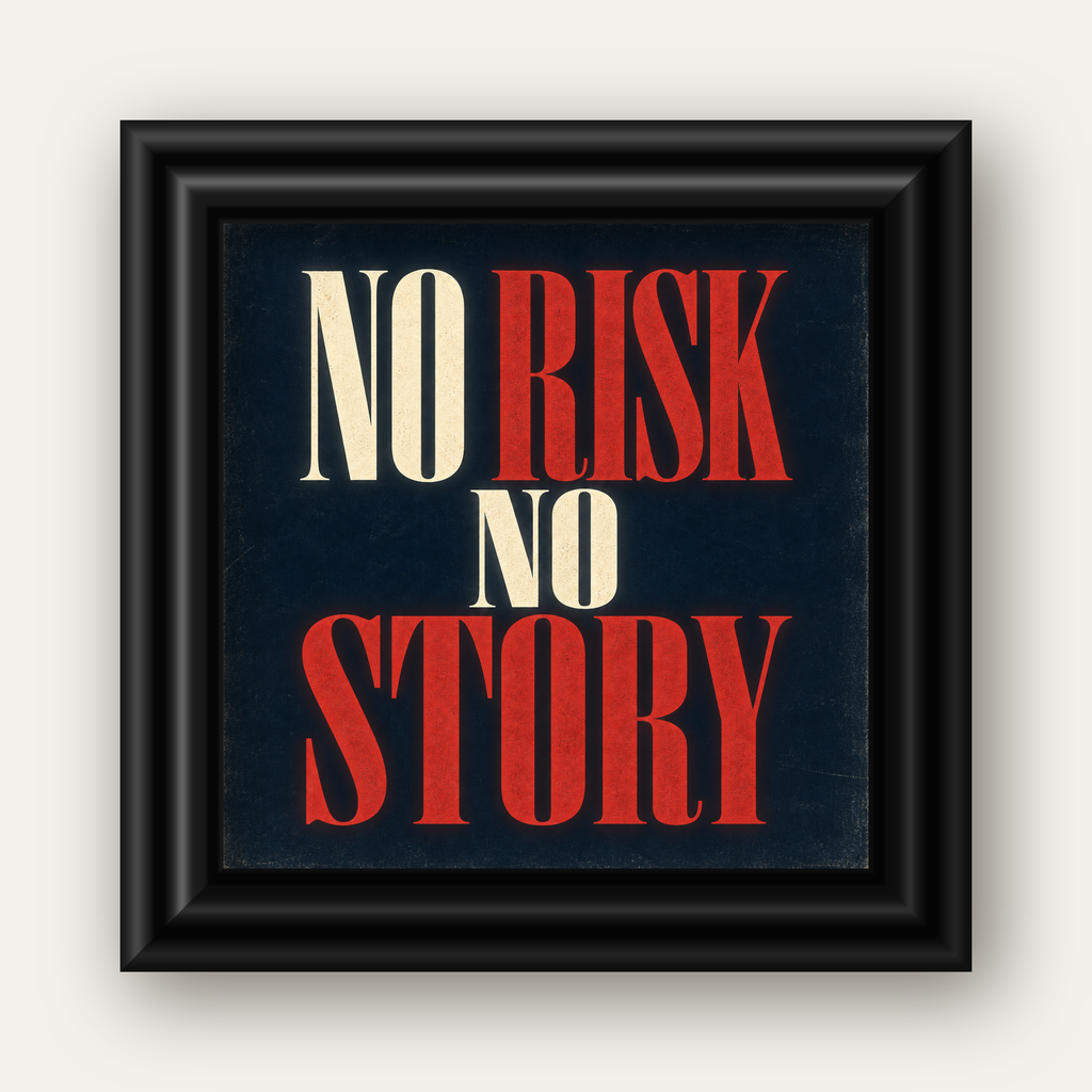 NO RISK NO STORY Retro Tipografik Motivasyon Posteri — siyah galeri çerçeveli