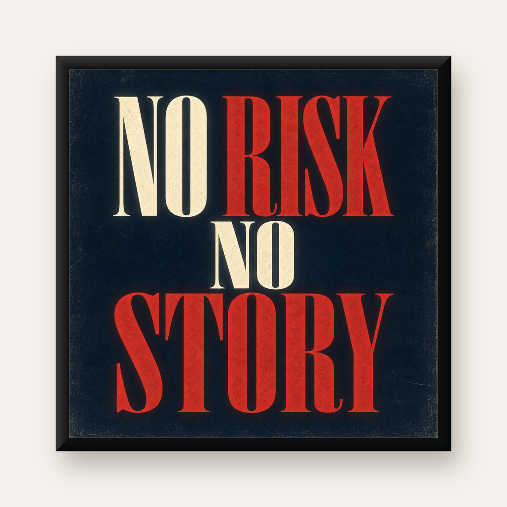 NO RISK NO STORY Retro Tipografik Motivasyon Posteri — Kare baskı, düz siyah çerçeveli duvar posteri