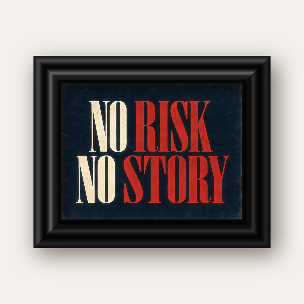 NO RISK NO STORY Retro Tipografik Motivasyon Posteri — siyah galeri çerçeveli