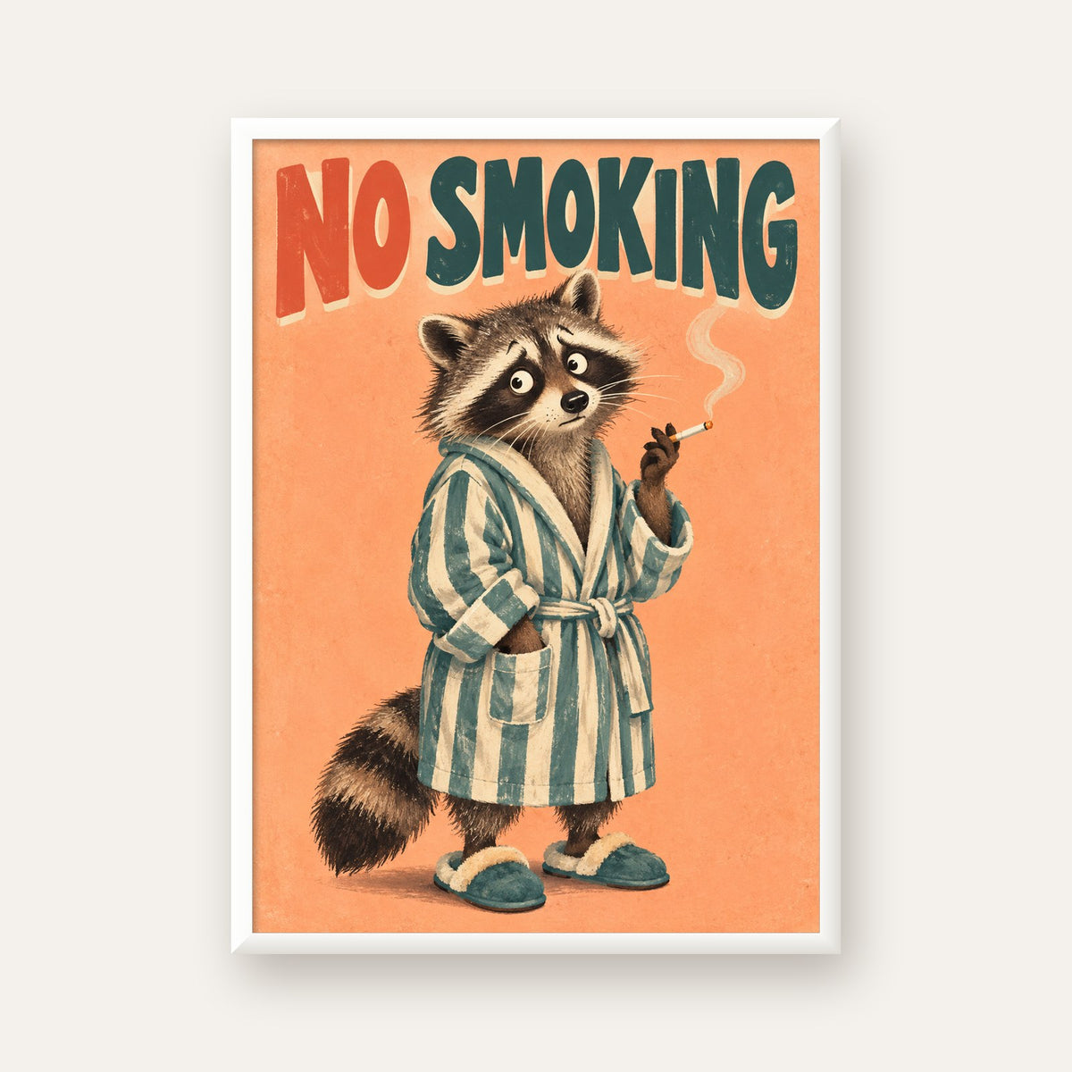 Sevimli Rakun No Smoking Retro Mizah Poster Baskı Duvar Dekoru — beyaz çerçeveli dikey poster