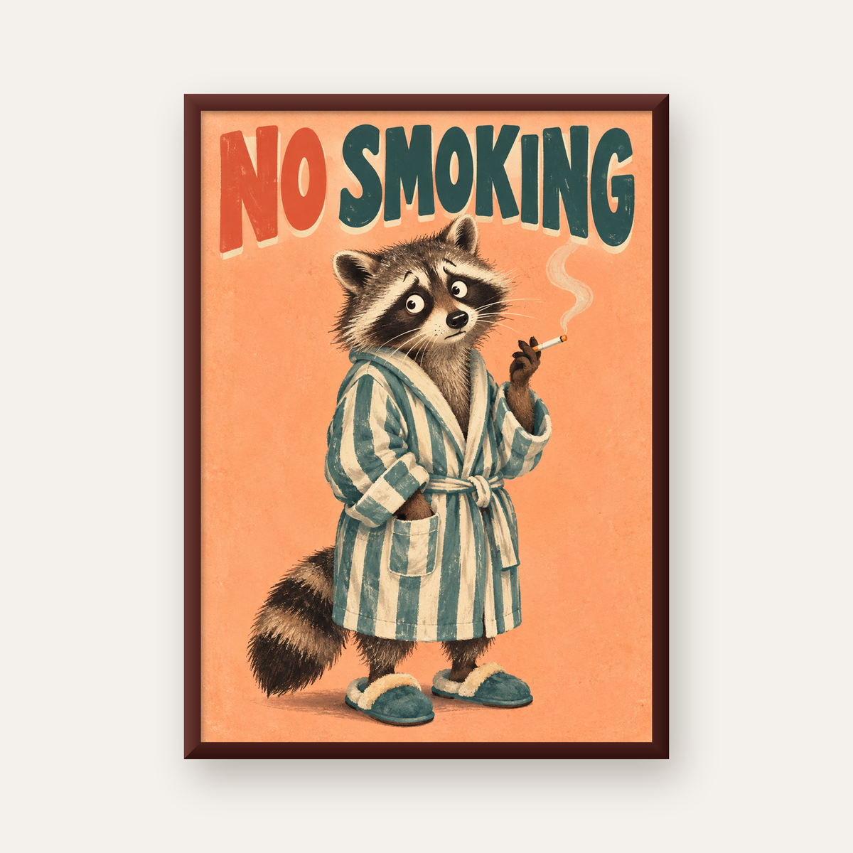 Sevimli Rakun No Smoking Retro Mizah Poster Baskı Duvar Dekoru — ceviz çerçeveli
