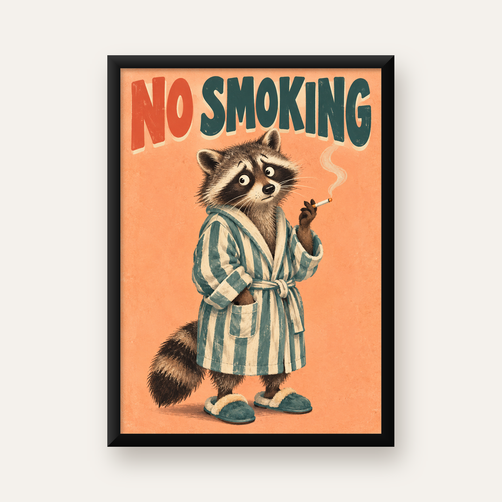 Sevimli Rakun No Smoking Retro Mizah Poster Baskı Duvar Dekoru — Dikey baskı, düz siyah çerçeveli duvar posteri