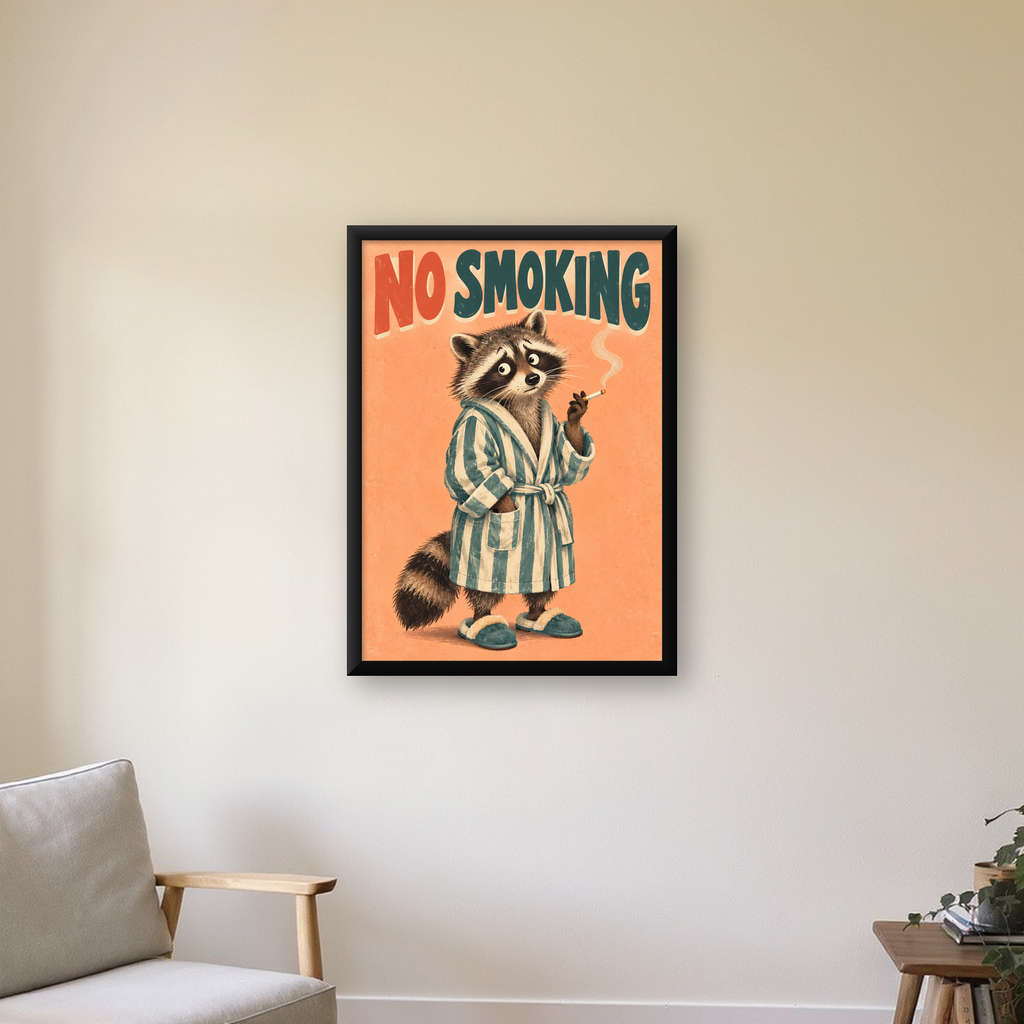Sevimli Rakun No Smoking Retro Mizah Poster Baskı Duvar Dekoru — Dikey baskı, çerçeveli hâliyle bir ev duvarında