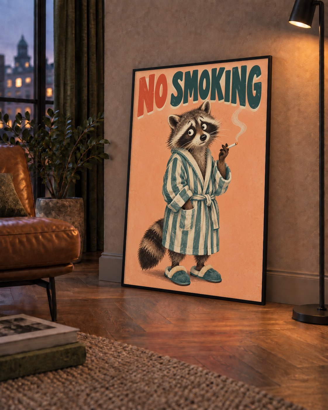 Sevimli Rakun No Smoking Retro Mizah Poster Baskı Duvar Dekoru — çerçeveli hâliyle bir ev duvarında