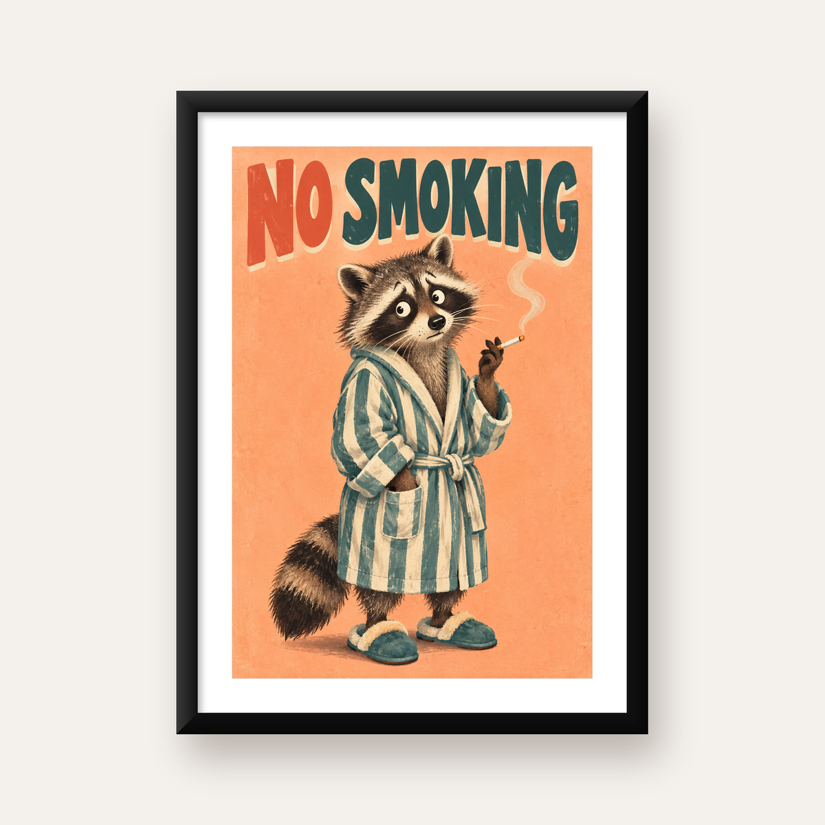 Sevimli Rakun No Smoking Retro Mizah Poster Baskı Duvar Dekoru — Dikey baskı, beyaz paspartulu