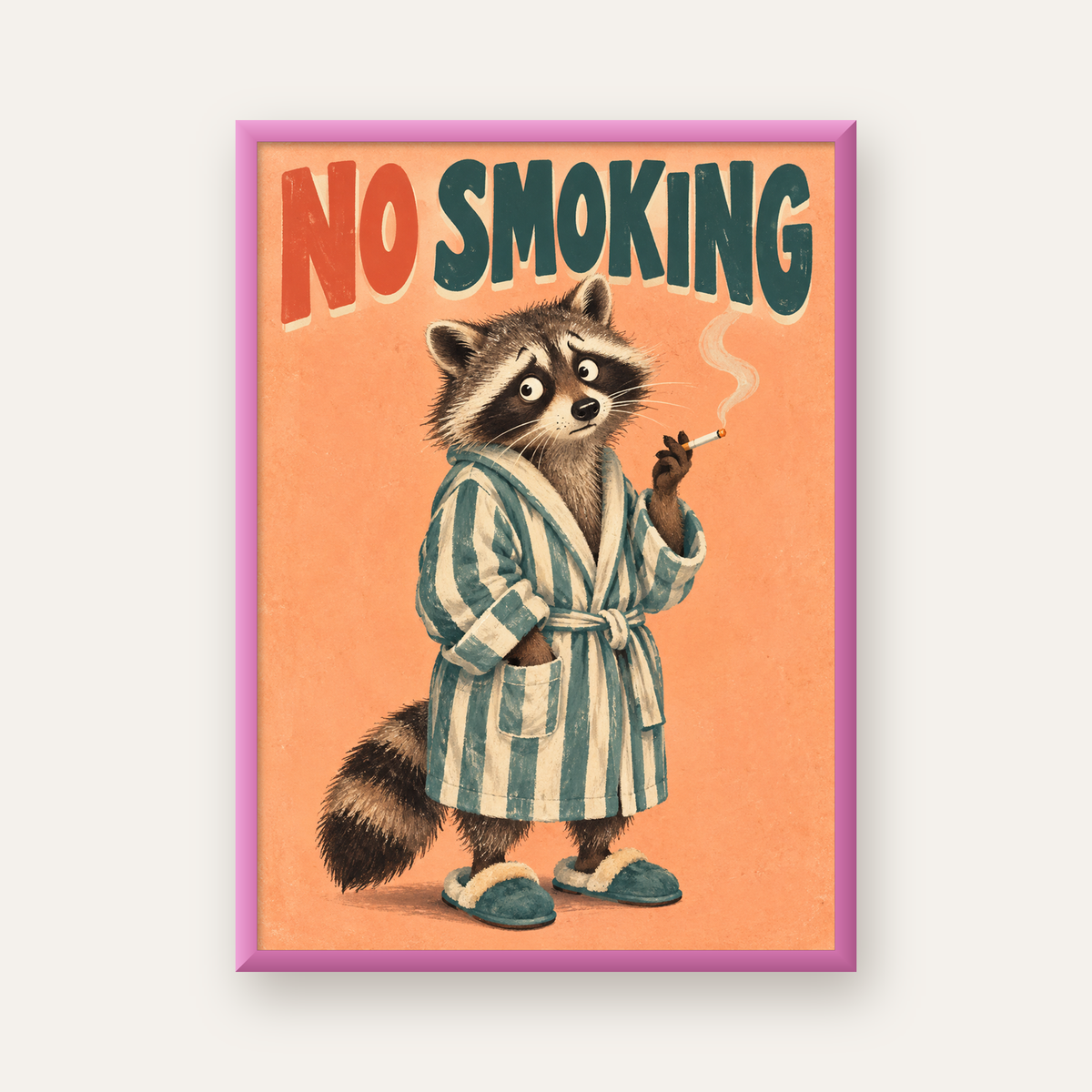 Sevimli Rakun No Smoking Retro Mizah Poster Baskı Duvar Dekoru — pembe çerçeveli