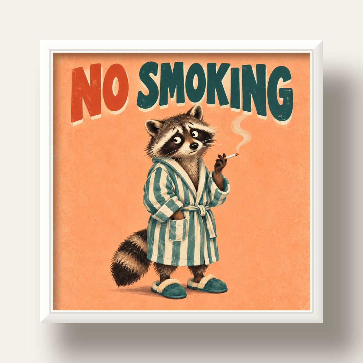 Sevimli Rakun No Smoking Retro Mizah Poster Baskı Duvar Dekoru — beyaz derin çerçeveli