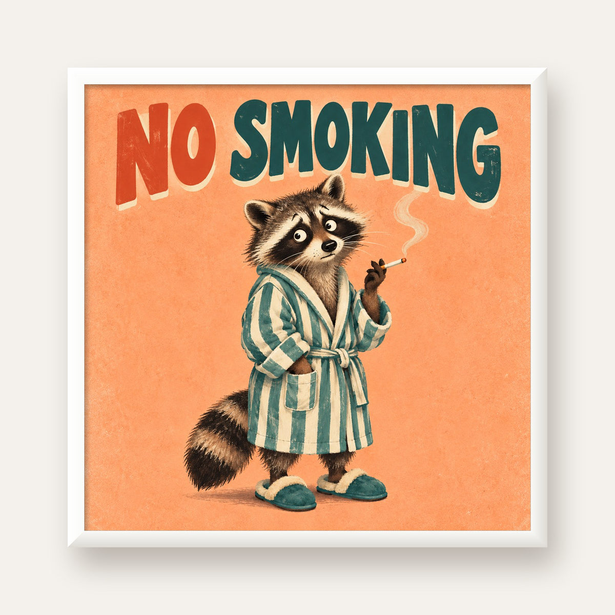 Sevimli Rakun No Smoking Retro Mizah Poster Baskı Duvar Dekoru — beyaz çerçeveli kare poster
