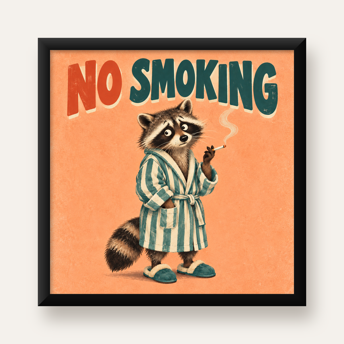 Sevimli Rakun No Smoking Retro Mizah Poster Baskı Duvar Dekoru — Kare baskı, düz siyah çerçeveli duvar posteri