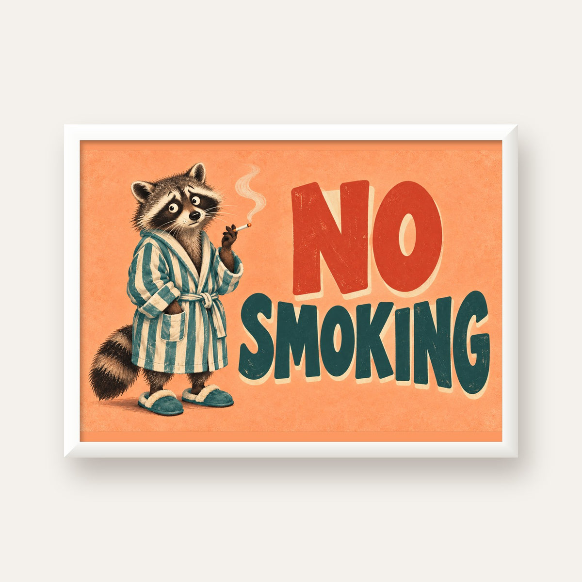 Sevimli Rakun No Smoking Retro Mizah Poster Baskı Duvar Dekoru — beyaz çerçeveli yatay poster