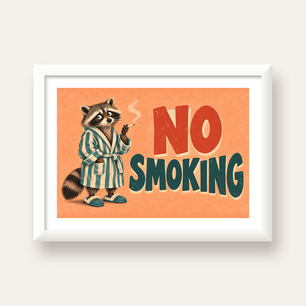 Sevimli Rakun No Smoking Retro Mizah Poster Baskı Duvar Dekoru — beyaz çerçeveli yatay poster