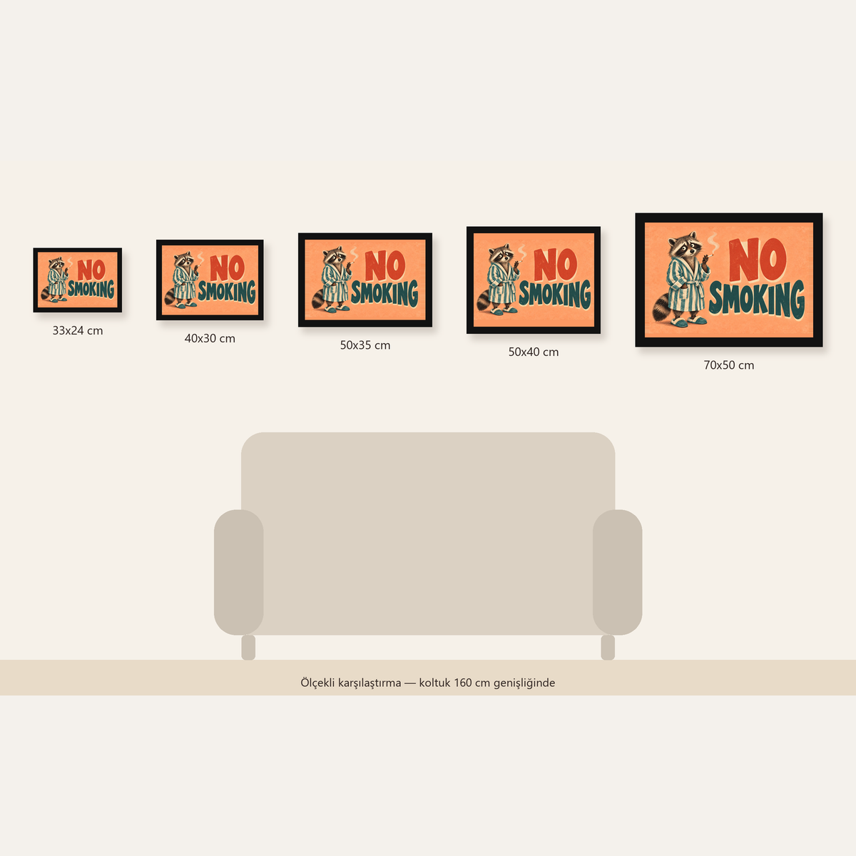 Sevimli Rakun No Smoking Retro Mizah Poster Baskı Duvar Dekoru — Yatay ölçülerinin karşılaştırması