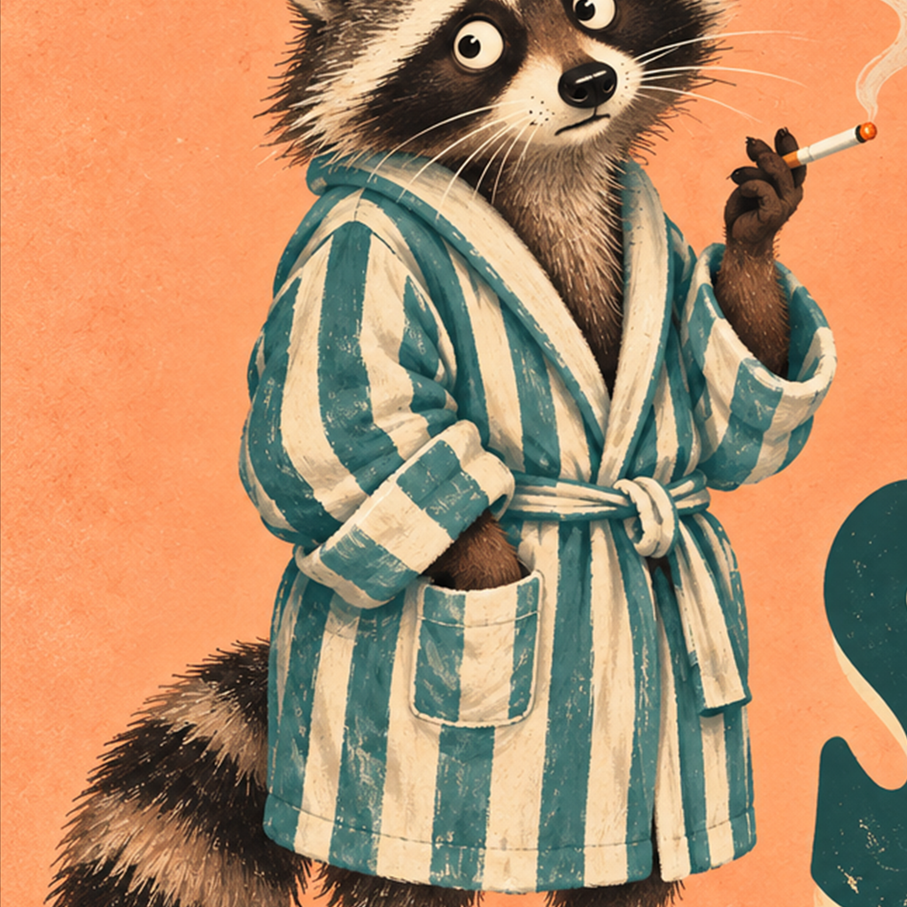 Sevimli Rakun No Smoking Retro Mizah Poster Baskı Duvar Dekoru — baskının yakın çekimi, kâğıt dokusu ve renk detayı