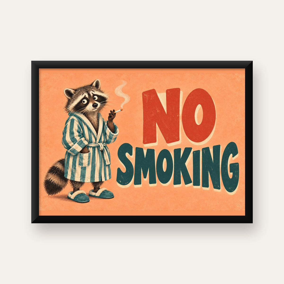Sevimli Rakun No Smoking Retro Mizah Poster Baskı Duvar Dekoru — Yatay baskı, düz siyah çerçeveli duvar posteri