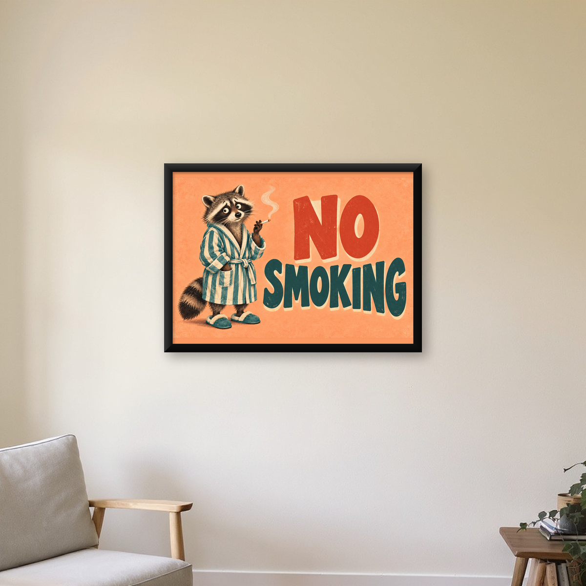 Sevimli Rakun No Smoking Retro Mizah Poster Baskı Duvar Dekoru — Yatay baskı, çerçeveli hâliyle bir ev duvarında