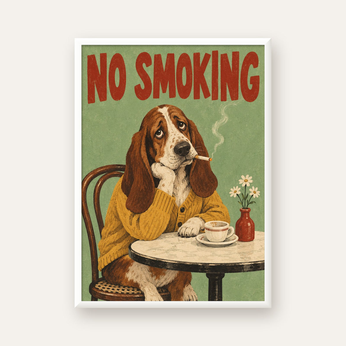 No Smoking Köpek Poster – Mizahi Retro Kafe İllüstrasyonu — beyaz çerçeveli dikey poster