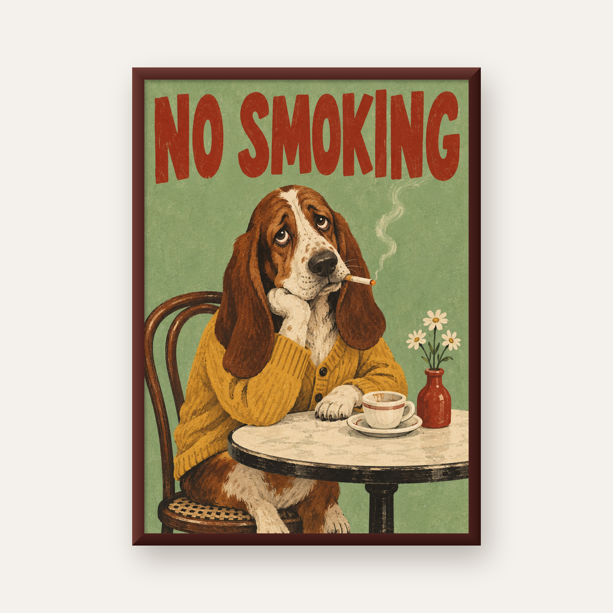 No Smoking Köpek Poster – Mizahi Retro Kafe İllüstrasyonu — ceviz çerçeveli