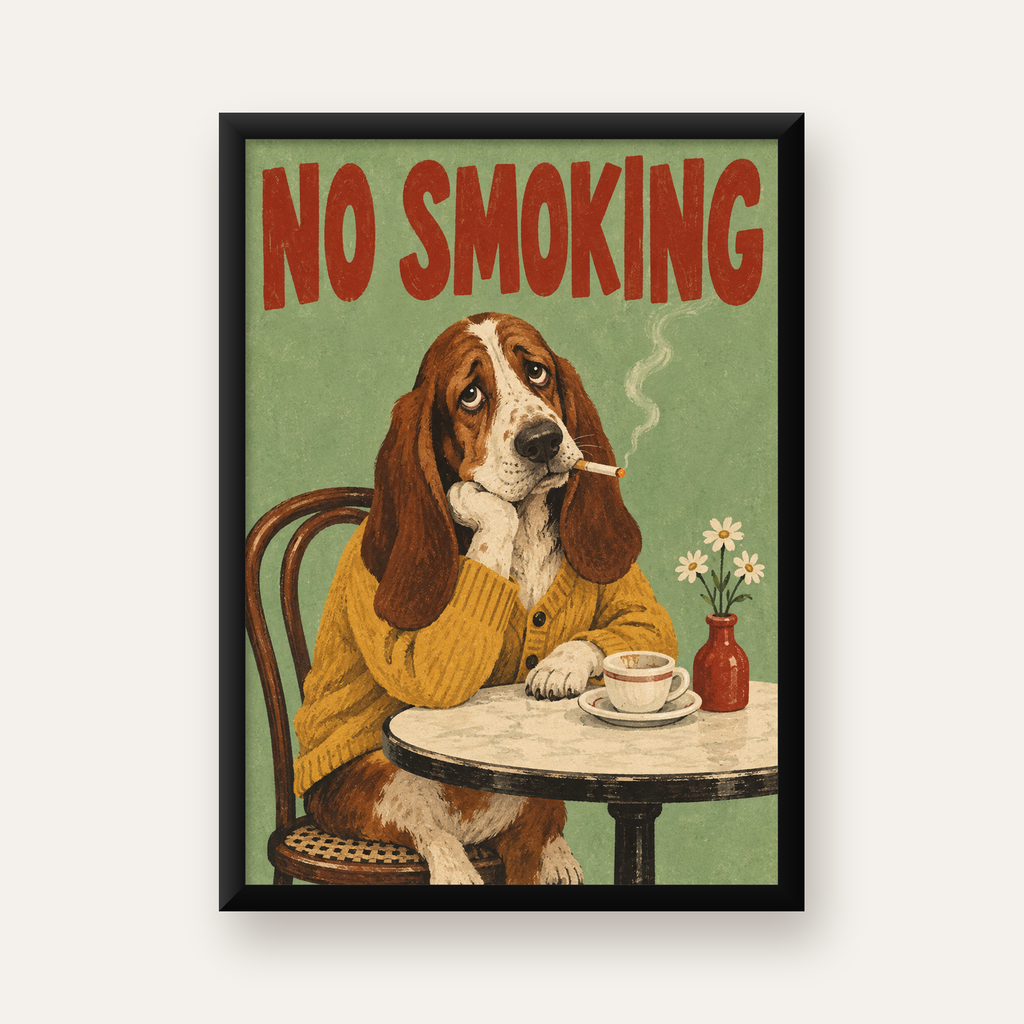 No Smoking Köpek Poster – Mizahi Retro Kafe İllüstrasyonu — Dikey baskı, düz siyah çerçeveli duvar posteri