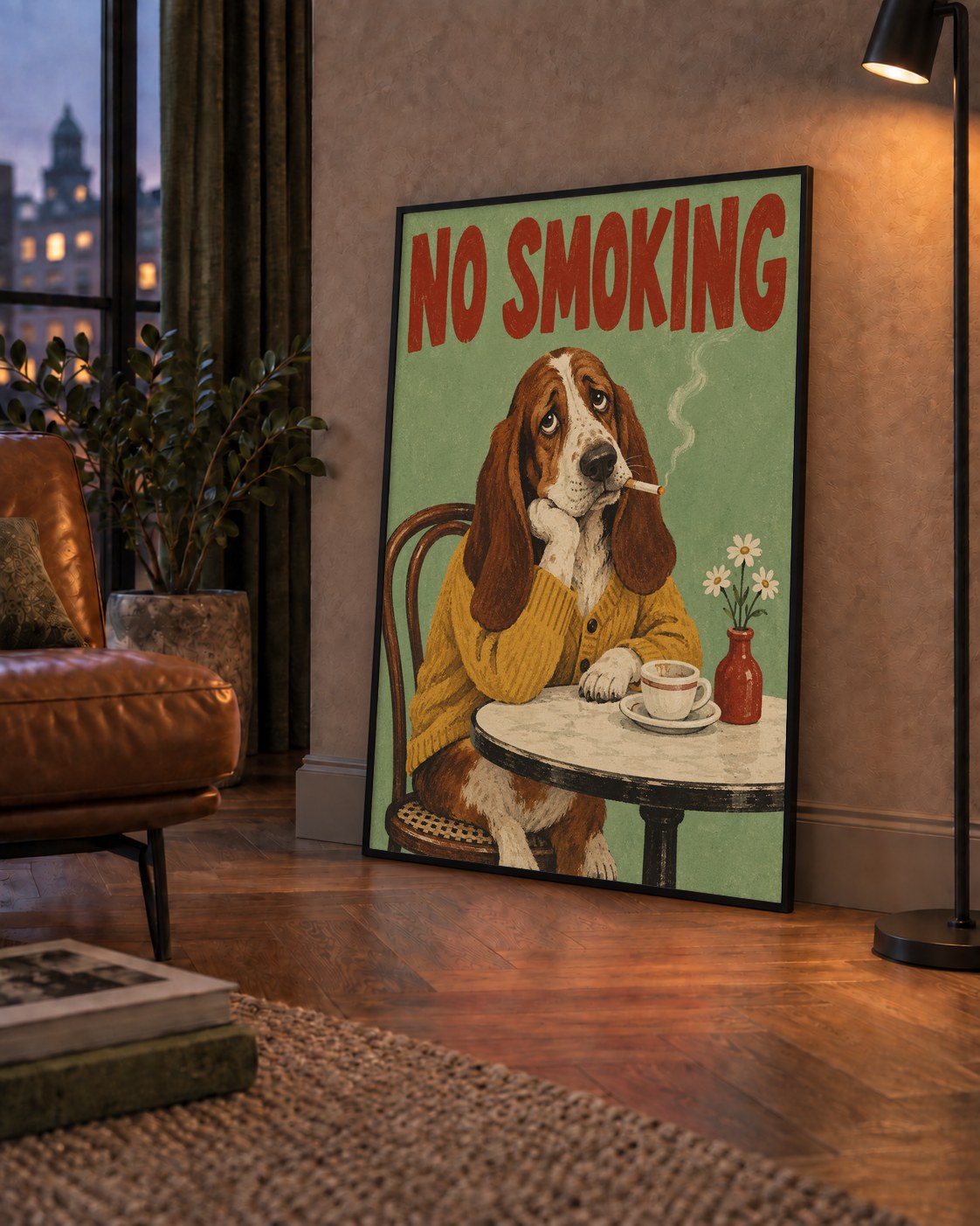 No Smoking Köpek Poster – Mizahi Retro Kafe İllüstrasyonu — çerçeveli hâliyle bir ev duvarında