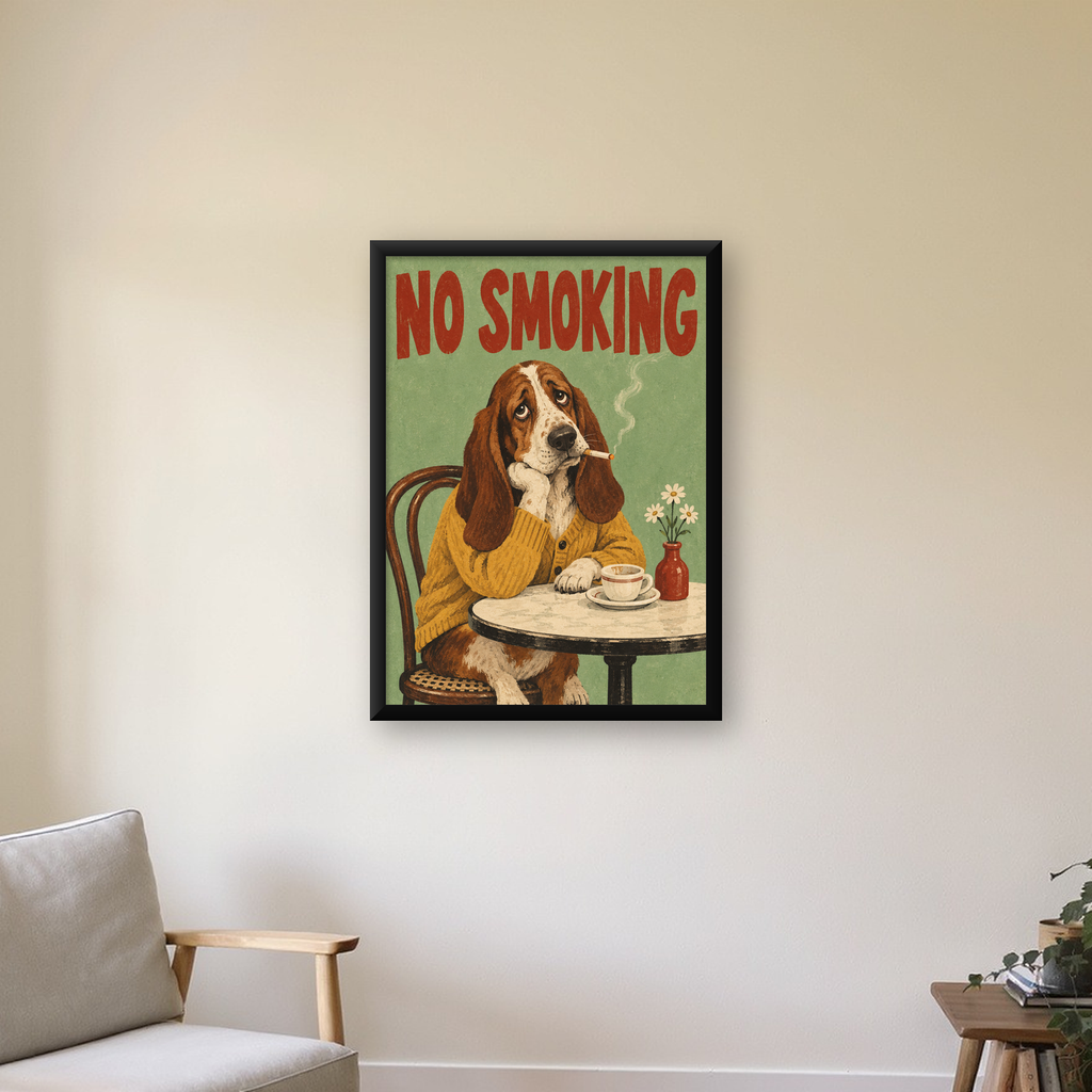 No Smoking Köpek Poster – Mizahi Retro Kafe İllüstrasyonu — Dikey baskı, çerçeveli hâliyle bir ev duvarında