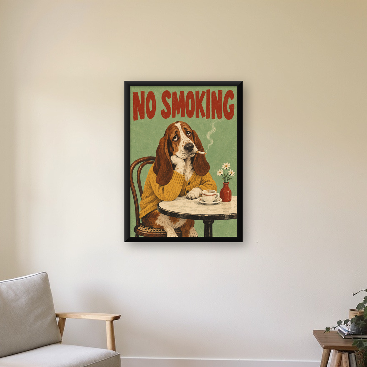 No Smoking Köpek Poster – Mizahi Retro Kafe İllüstrasyonu — Dikey baskı, çerçeveli hâliyle bir ev duvarında