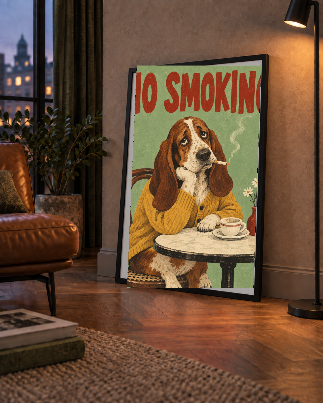 No Smoking Köpek Poster – Mizahi Retro Kafe İllüstrasyonu