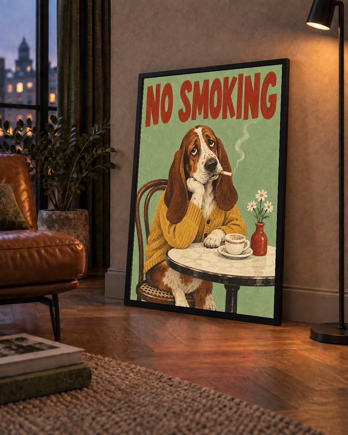 No Smoking Köpek Poster – Mizahi Retro Kafe İllüstrasyonu