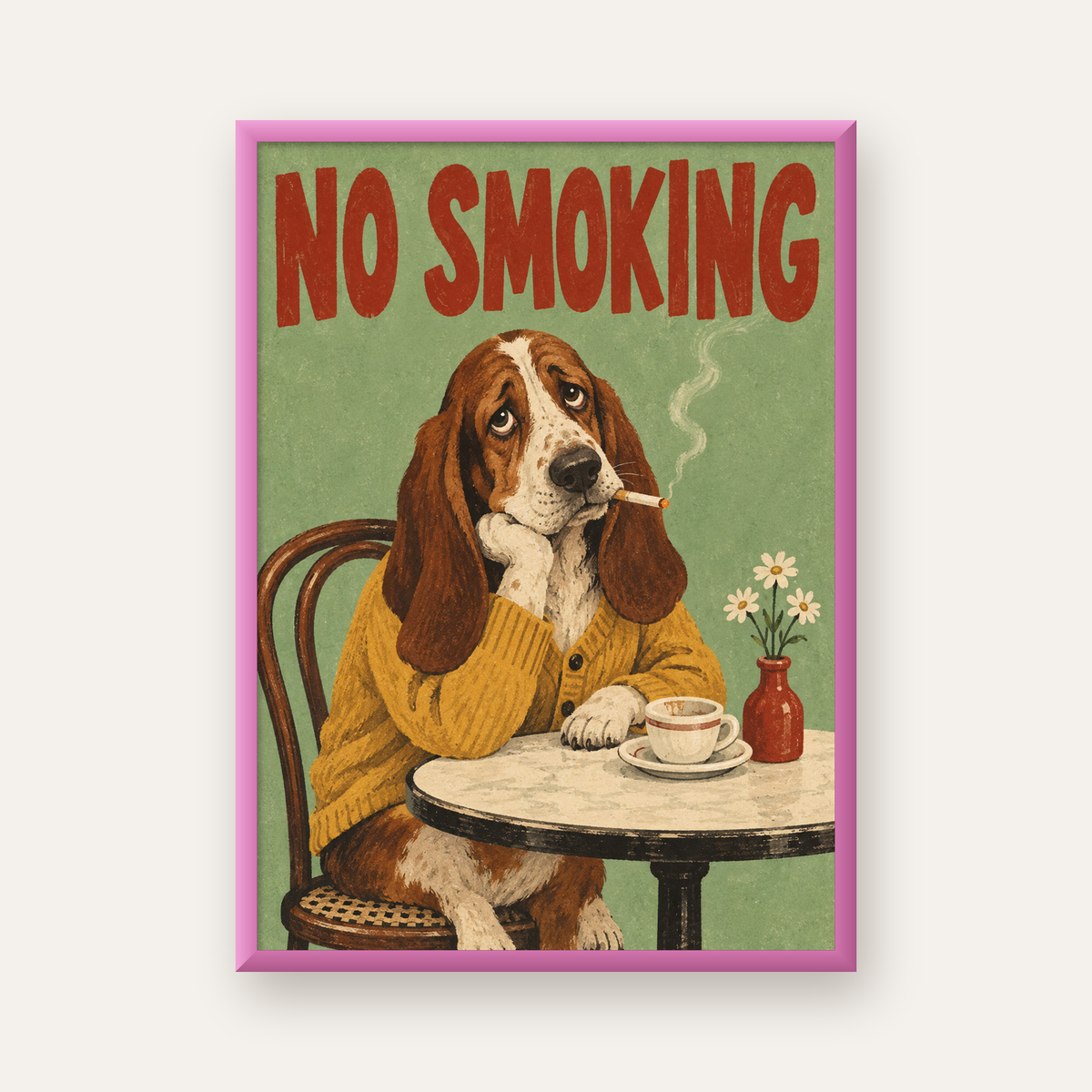 No Smoking Köpek Poster – Mizahi Retro Kafe İllüstrasyonu — pembe çerçeveli