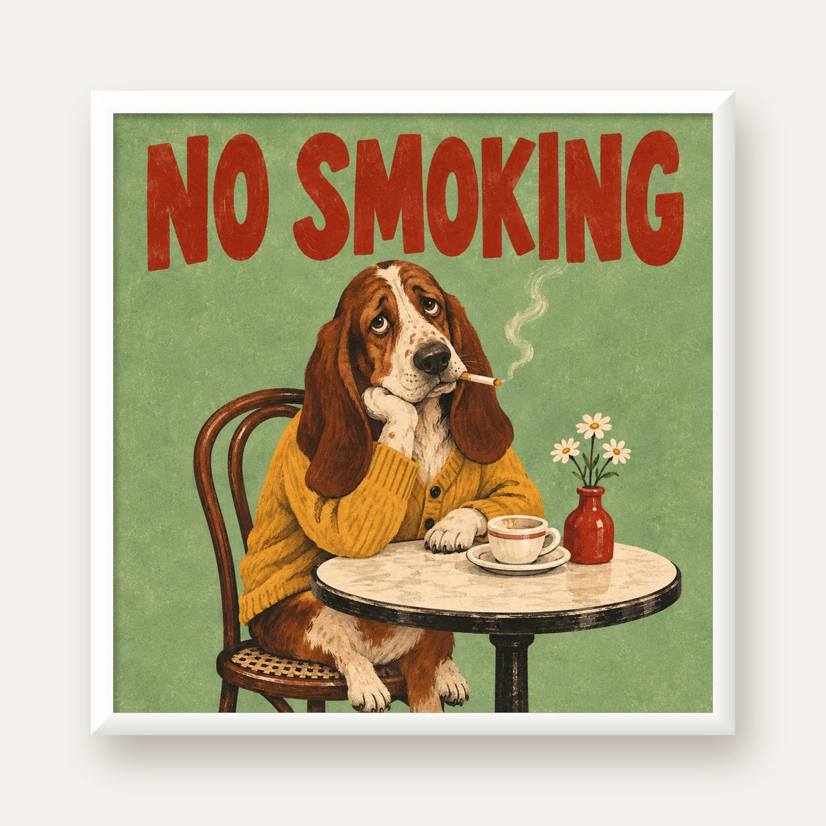 No Smoking Köpek Poster – Mizahi Retro Kafe İllüstrasyonu — beyaz çerçeveli kare poster