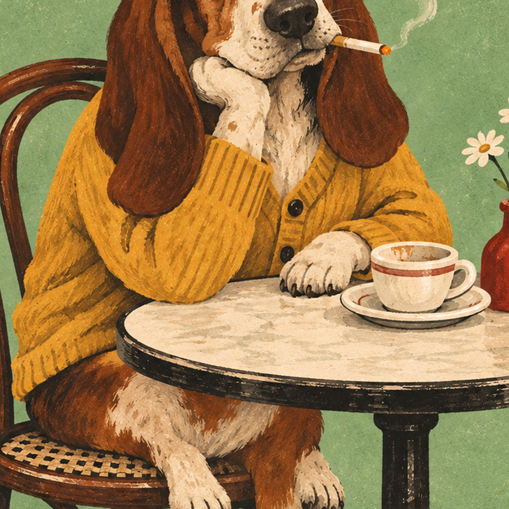 No Smoking Köpek Poster – Mizahi Retro Kafe İllüstrasyonu — baskının yakın çekimi, kâğıt dokusu ve renk detayı