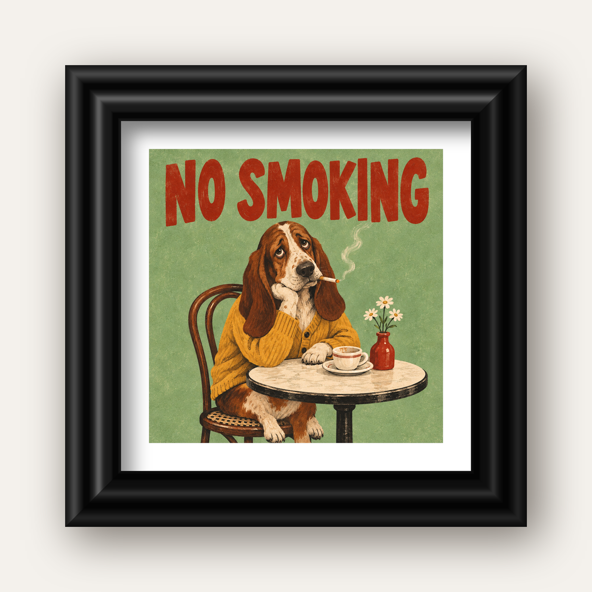 No Smoking Köpek Poster – Mizahi Retro Kafe İllüstrasyonu — siyah galeri çerçeveli paspartulu