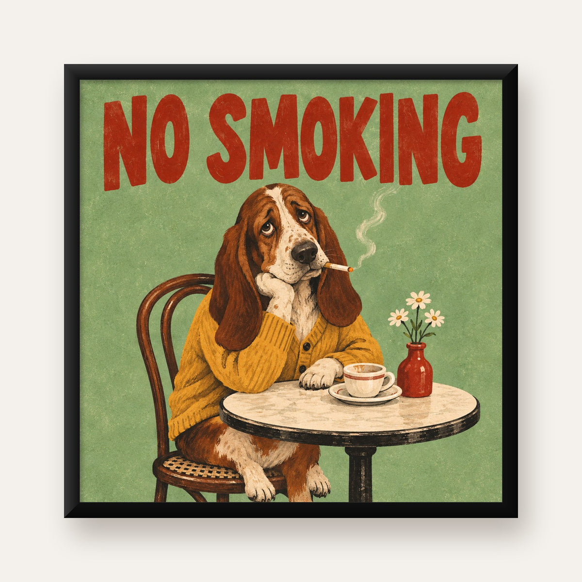 No Smoking Köpek Poster – Mizahi Retro Kafe İllüstrasyonu — Kare baskı, düz siyah çerçeveli duvar posteri