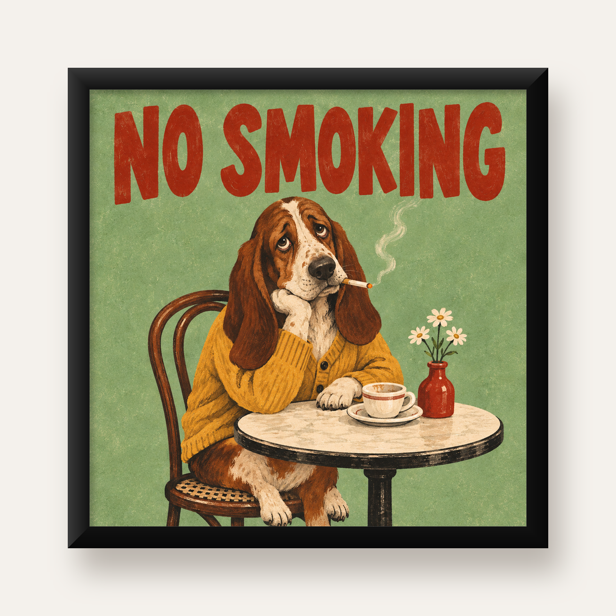 No Smoking Köpek Poster – Mizahi Retro Kafe İllüstrasyonu — Kare baskı, düz siyah çerçeveli duvar posteri