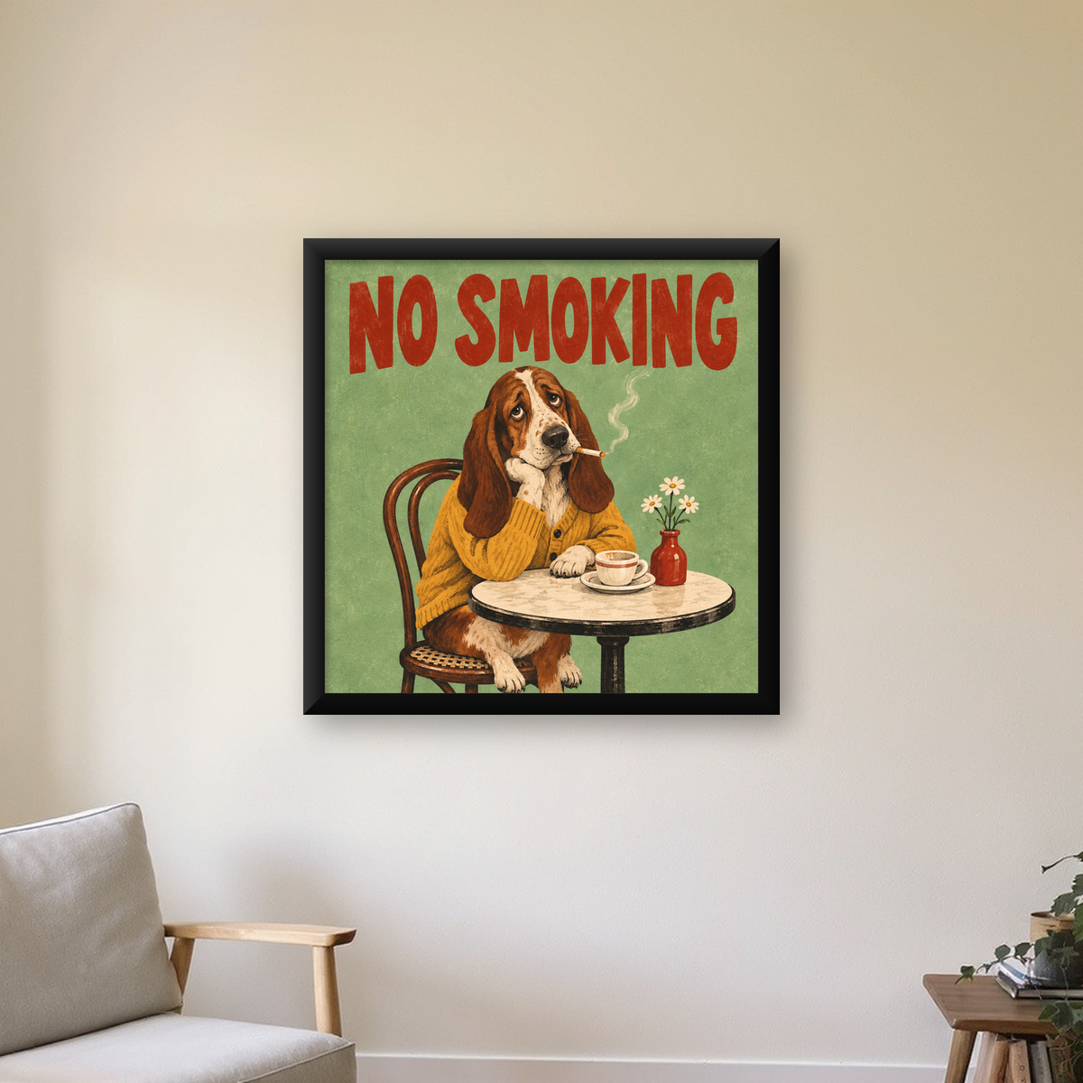 No Smoking Köpek Poster – Mizahi Retro Kafe İllüstrasyonu — Kare baskı, çerçeveli hâliyle bir ev duvarında