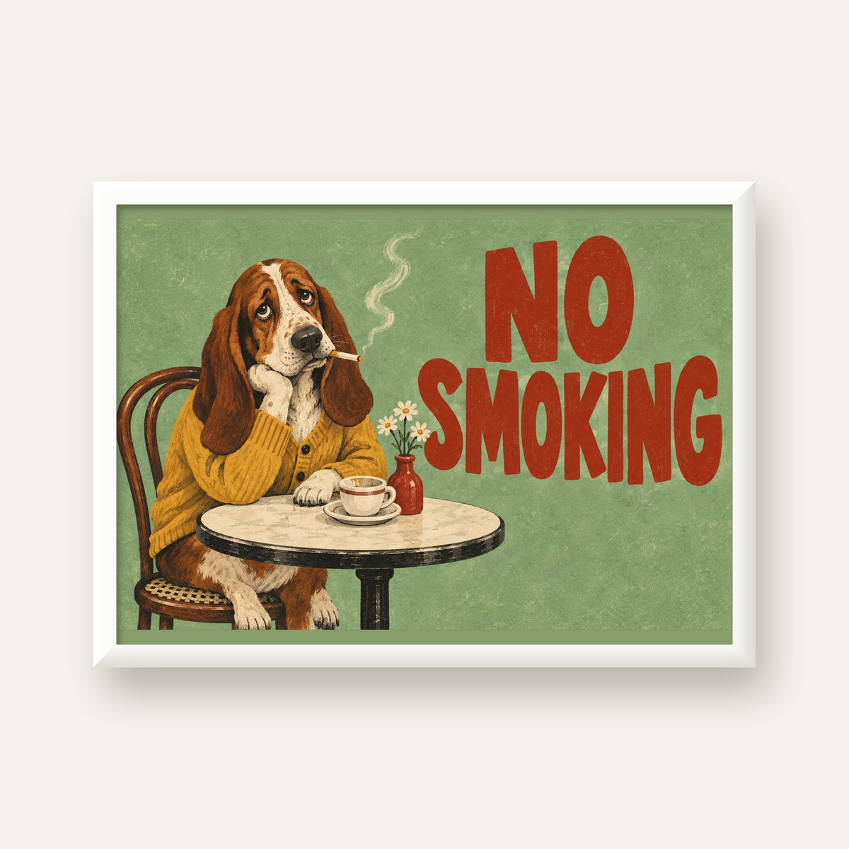 No Smoking Köpek Poster – Mizahi Retro Kafe İllüstrasyonu — beyaz çerçeveli yatay poster