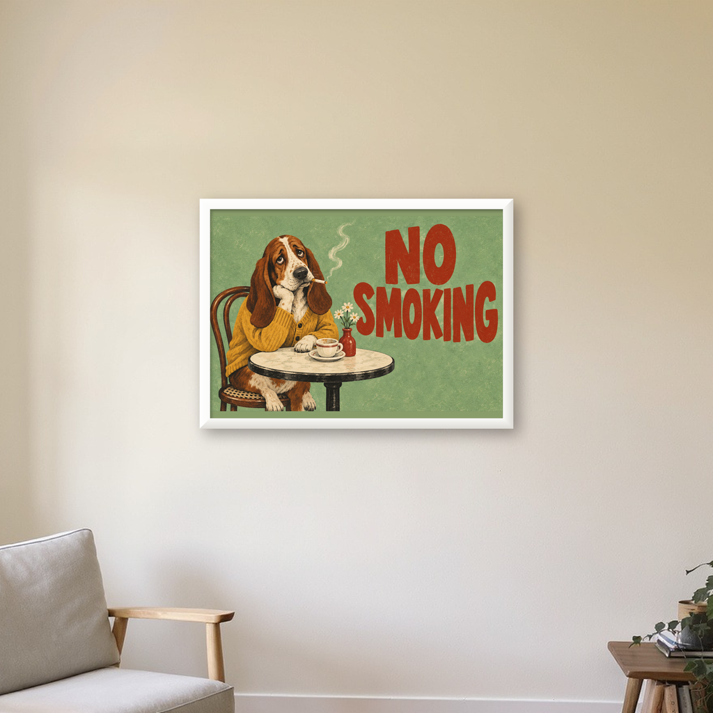 No Smoking Köpek Poster – Mizahi Retro Kafe İllüstrasyonu — beyaz çerçeveli yatay poster