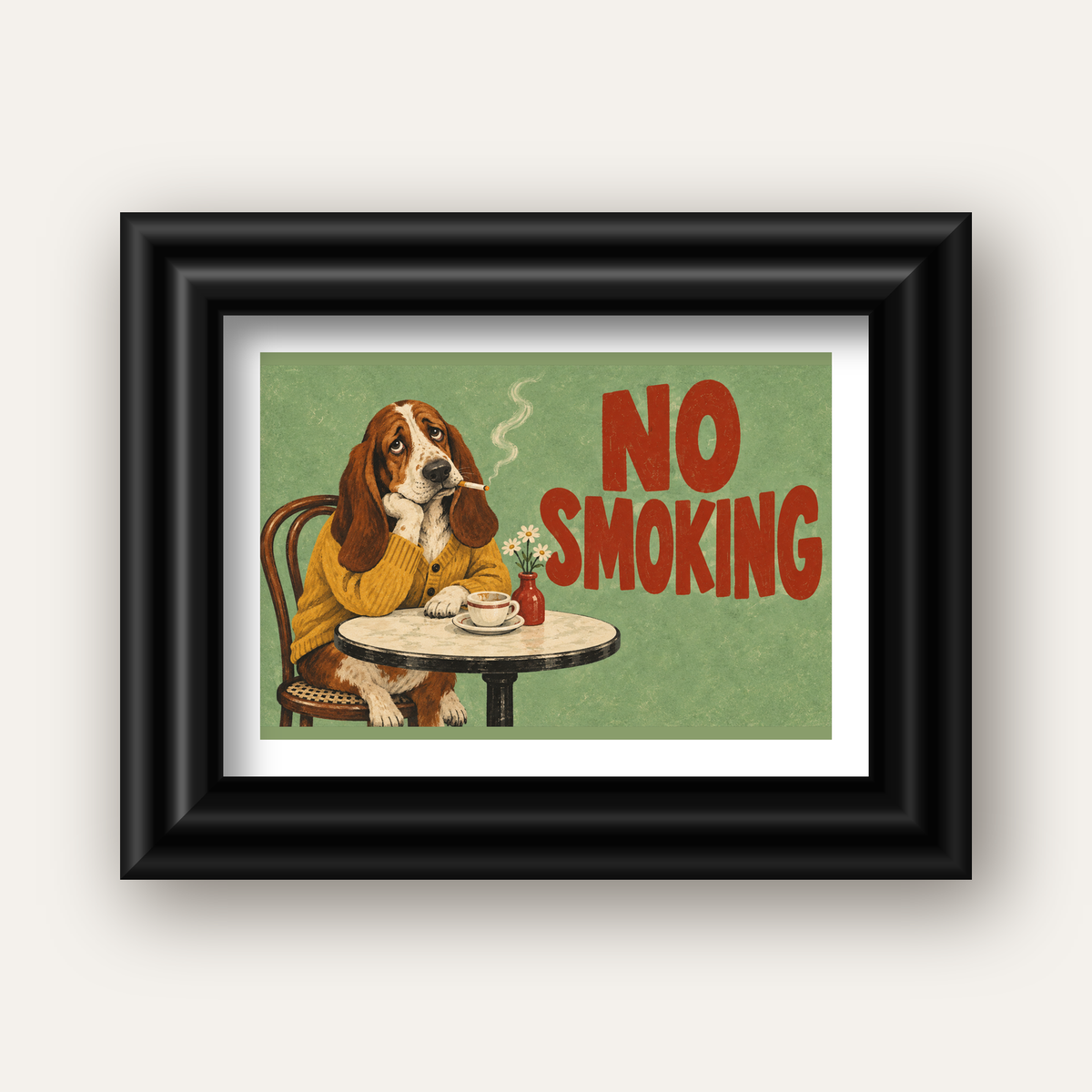 No Smoking Köpek Poster – Mizahi Retro Kafe İllüstrasyonu — siyah galeri çerçeveli paspartulu