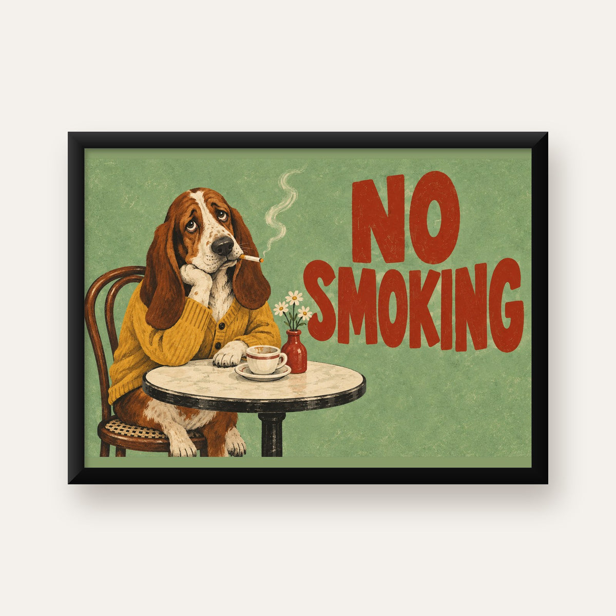 No Smoking Köpek Poster – Mizahi Retro Kafe İllüstrasyonu — Yatay baskı, düz siyah çerçeveli duvar posteri