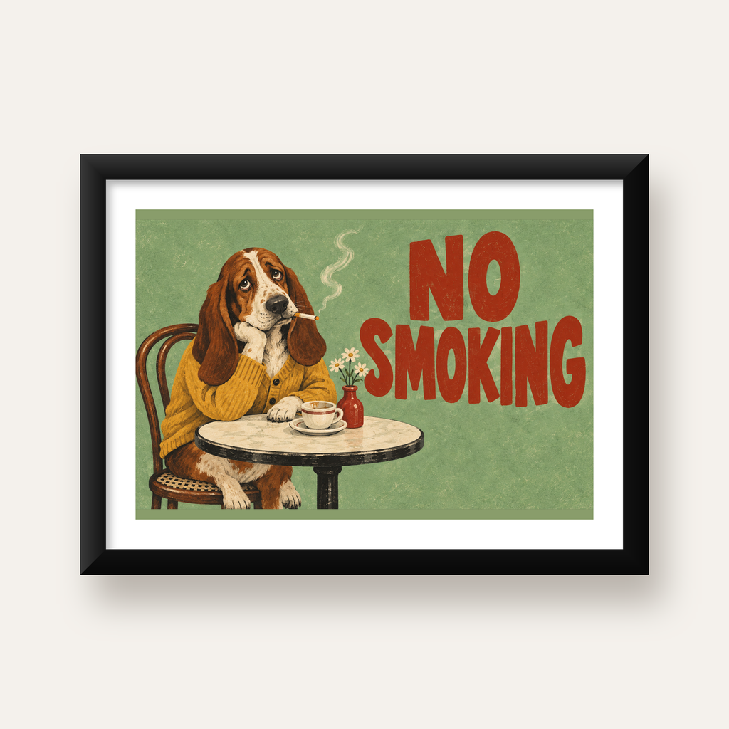 No Smoking Köpek Poster – Mizahi Retro Kafe İllüstrasyonu — Yatay baskı, beyaz paspartulu