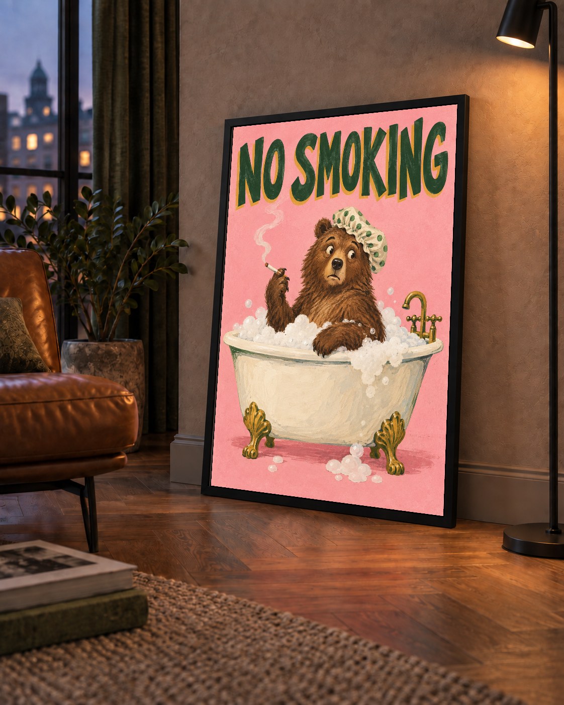 Komik Ayı ve Sigara Yasak Temalı Mizahi Poster Baskısı