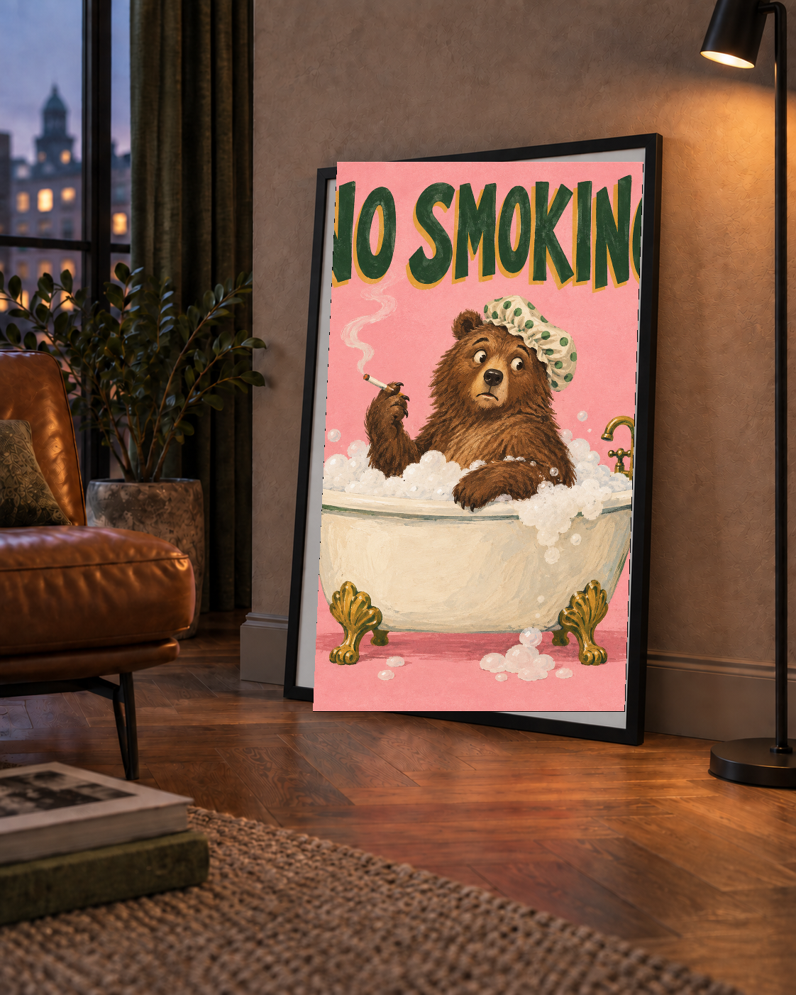 Komik Ayı ve Sigara Yasak Temalı Mizahi Poster Baskısı