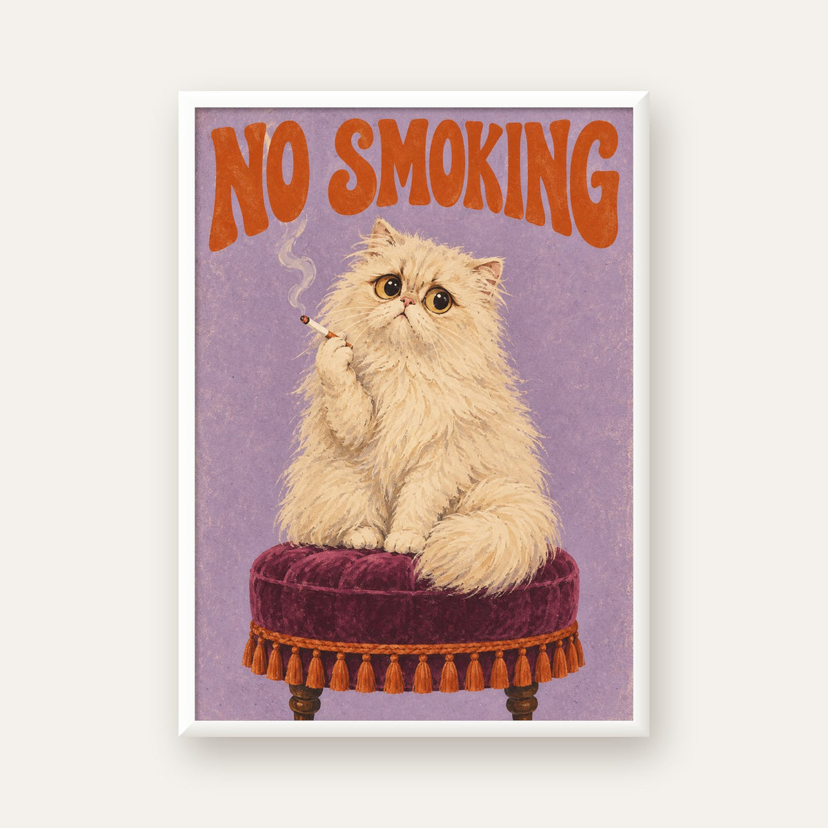 Kedili Mizahi No Smoking Poster – Mor Fonlu Nostaljik Duvar Dekoru — beyaz çerçeveli dikey poster