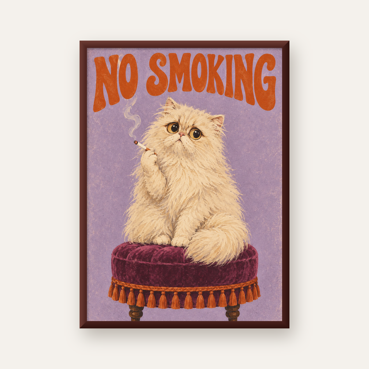 Kedili Mizahi No Smoking Poster – Mor Fonlu Nostaljik Duvar Dekoru — ceviz çerçeveli