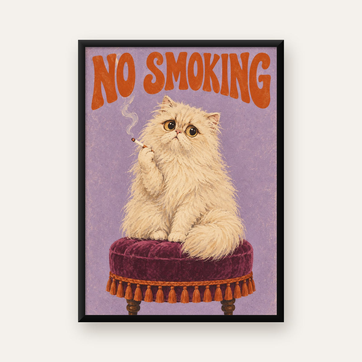 Kedili Mizahi No Smoking Poster – Mor Fonlu Nostaljik Duvar Dekoru — Dikey baskı, düz siyah çerçeveli duvar posteri