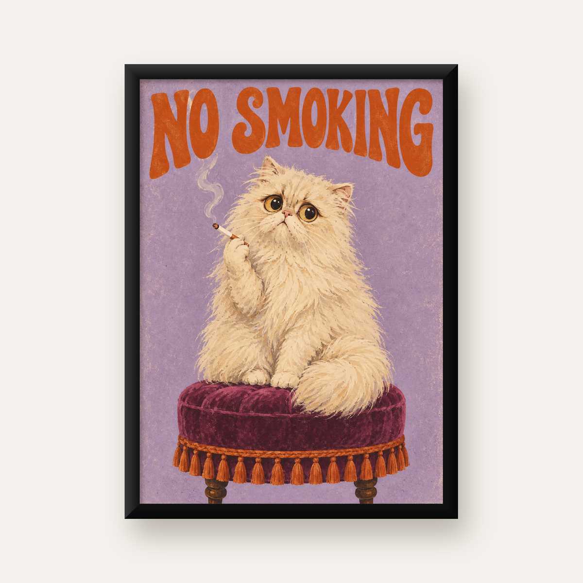 Kedili Mizahi No Smoking Poster – Mor Fonlu Nostaljik Duvar Dekoru — Dikey baskı, düz siyah çerçeveli duvar posteri