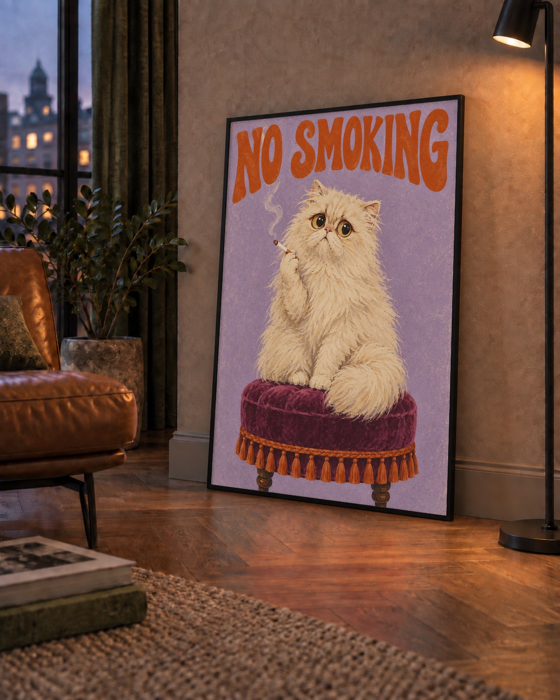 Kedili Mizahi No Smoking Poster – Mor Fonlu Nostaljik Duvar Dekoru — çerçeveli hâliyle bir ev duvarında