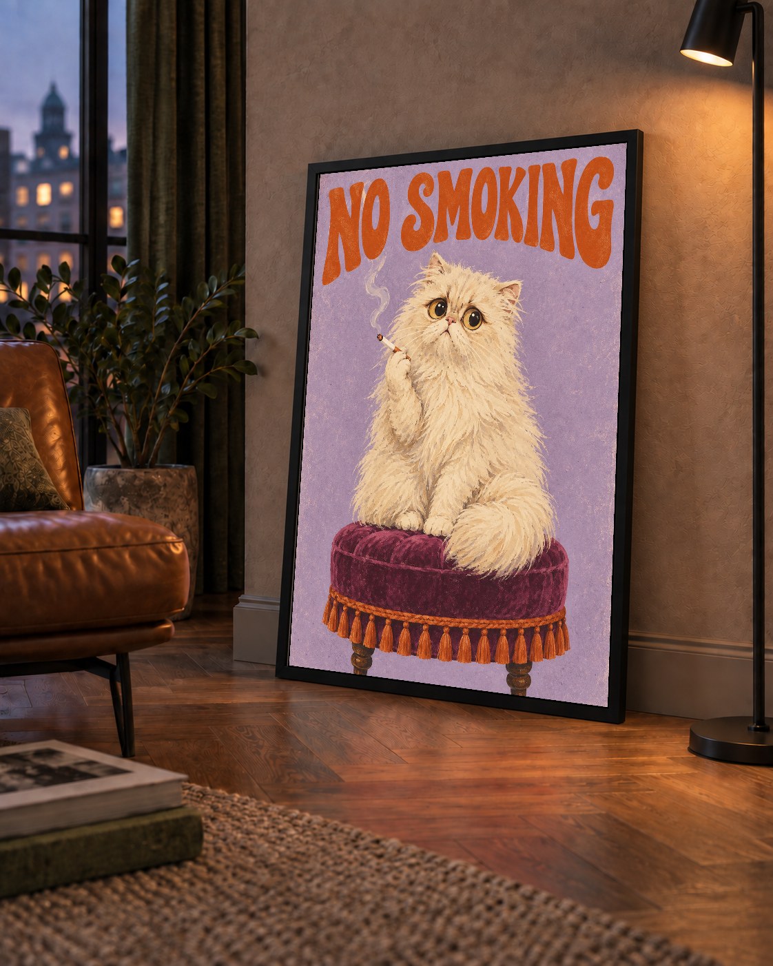 Kedili Mizahi No Smoking Poster – Mor Fonlu Nostaljik Duvar Dekoru