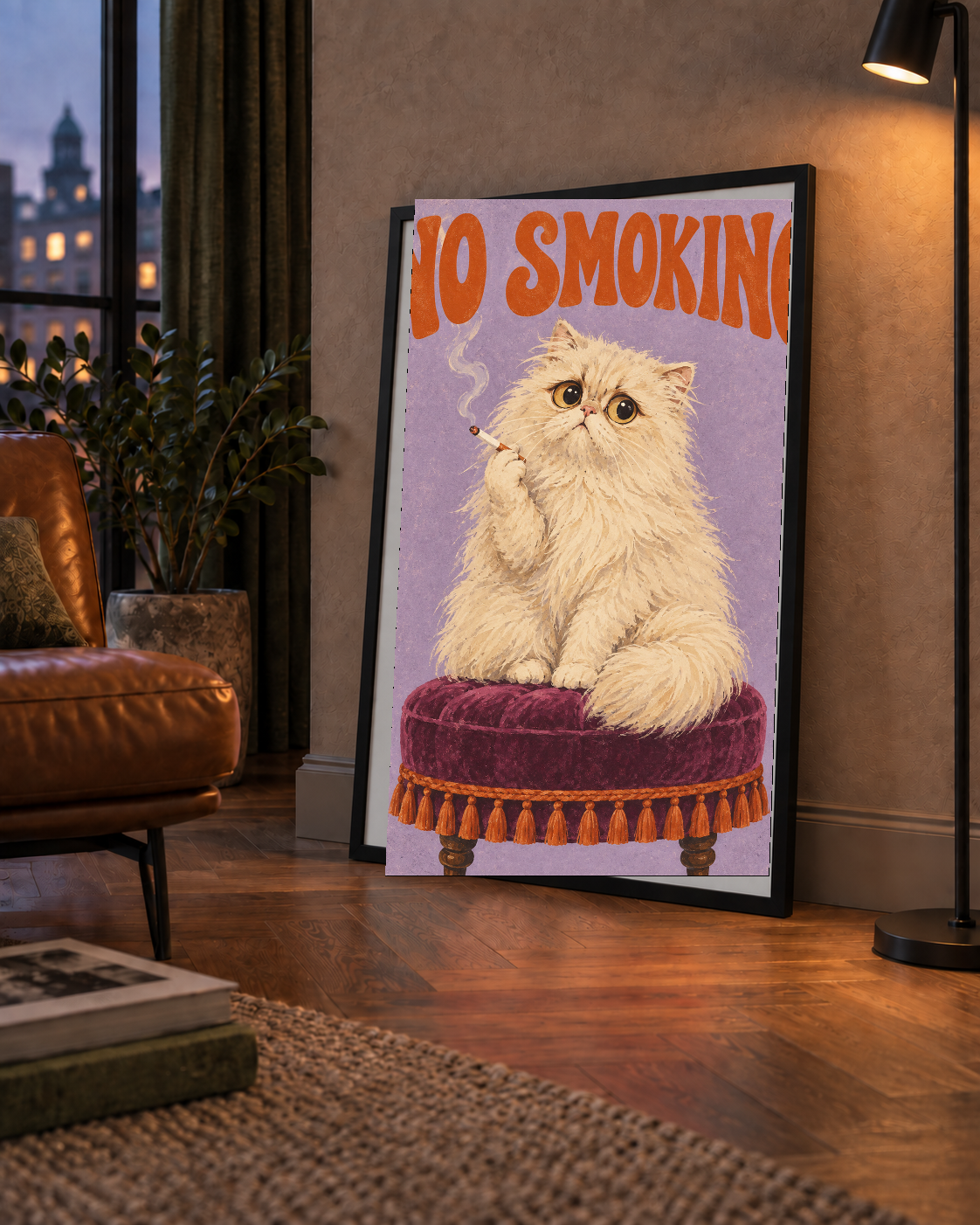 Kedili Mizahi No Smoking Poster – Mor Fonlu Nostaljik Duvar Dekoru