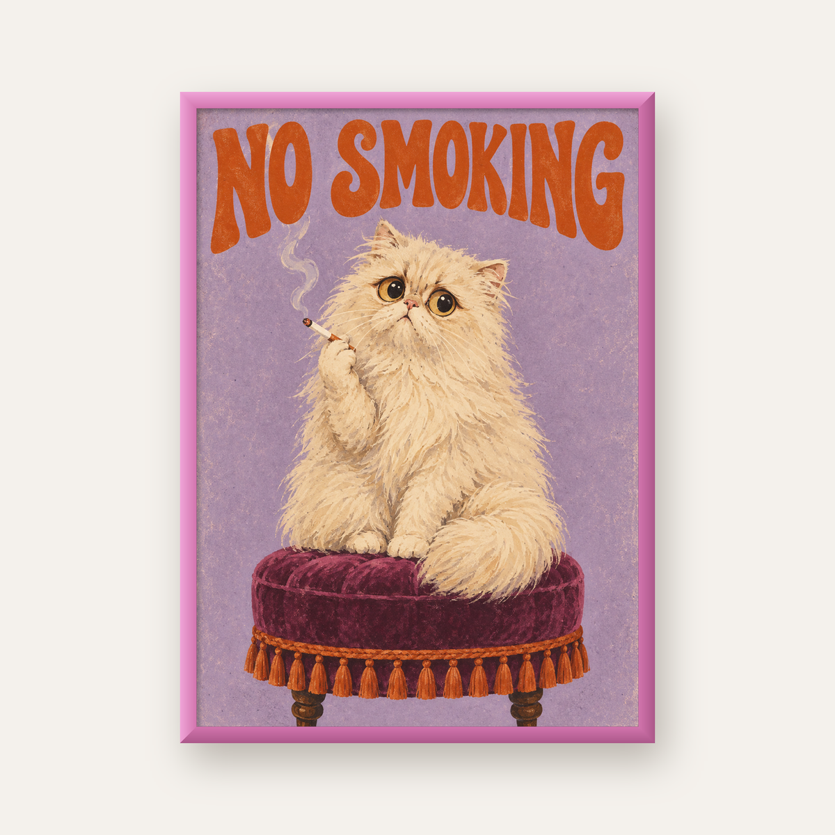 Kedili Mizahi No Smoking Poster – Mor Fonlu Nostaljik Duvar Dekoru — pembe çerçeveli