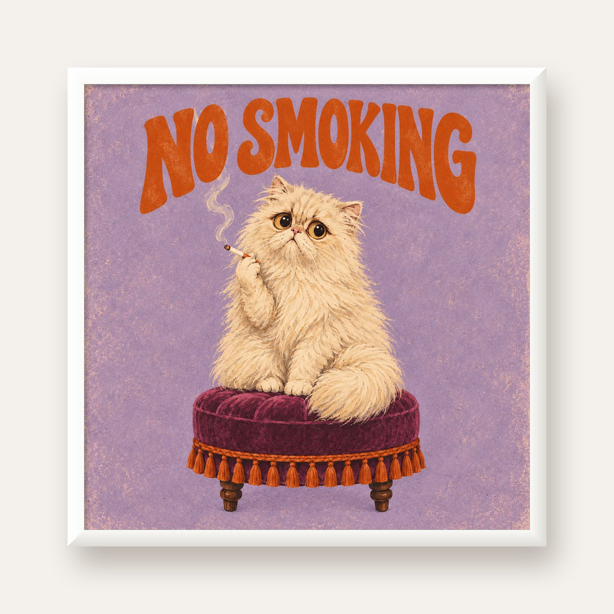 Kedili Mizahi No Smoking Poster – Mor Fonlu Nostaljik Duvar Dekoru — beyaz çerçeveli kare poster